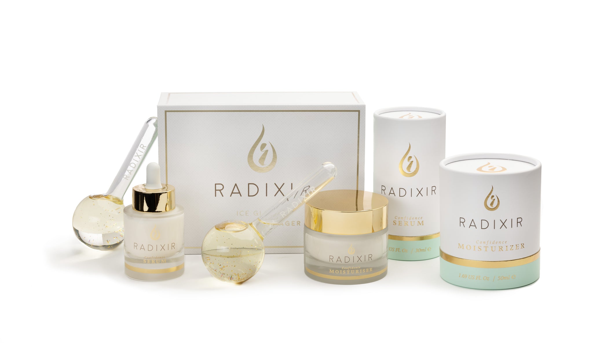Radixir beauty bundle ice globes, confidence serum and moisturizer